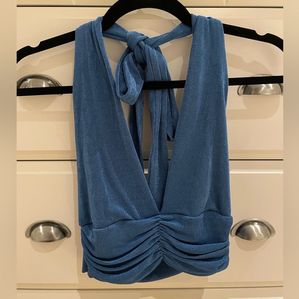 Dark Blue Cropped Halter Top — Size S